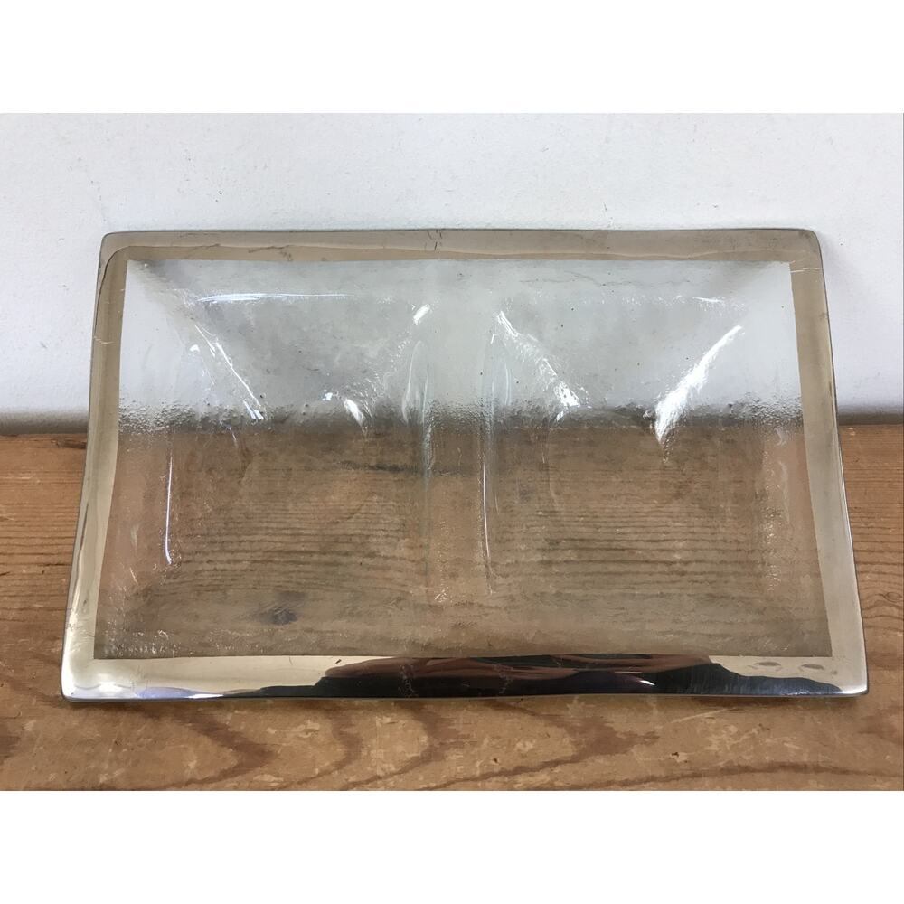 Vintage Style Clear Textured Glass Silver Rim Two Bowl Serving Candy Nut Tray
